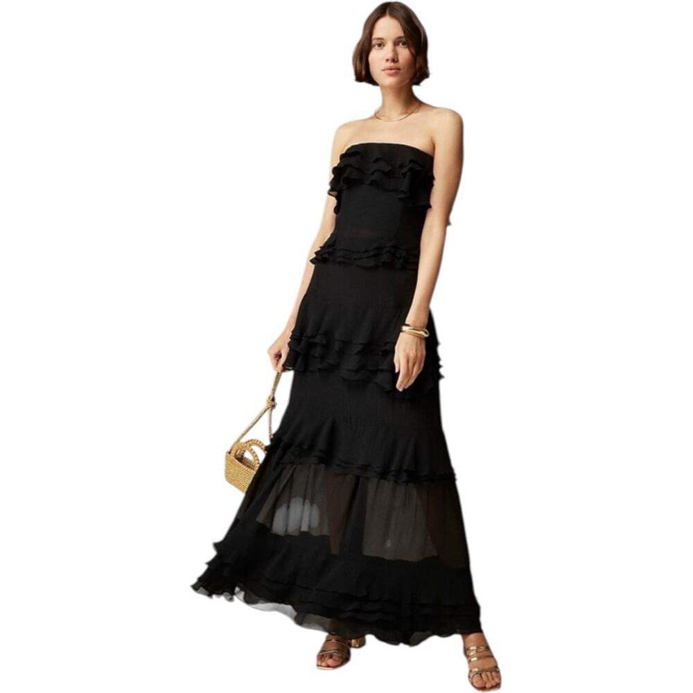 J. Crew Black Strapless Ruffled Maxi Dress